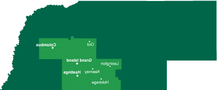 内布拉斯加州地图，标出CCC服务区域和M8体育APP登陆:Ord, 哥伦布, 列克星敦, 大岛屿, 卡尼, 黑斯廷斯, Holdrege